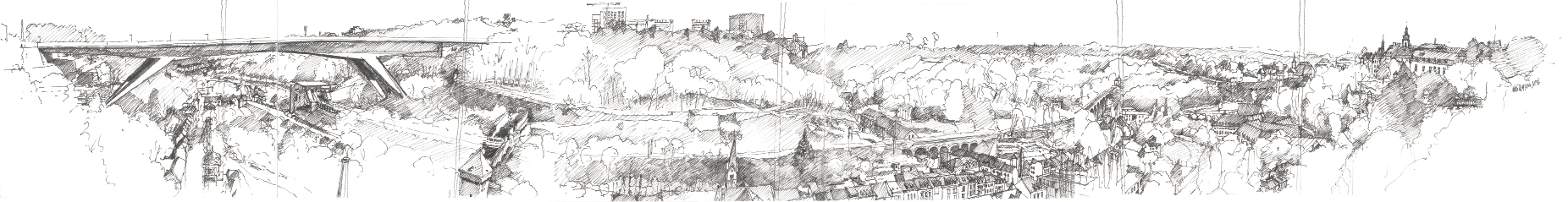 1 paysage urbain vu depuis l’ascenseur Pfaffenthal:esquisse de Isabelle Van Driessche VAN DRIESSCHEURBANISTES ET ARCHITECTES