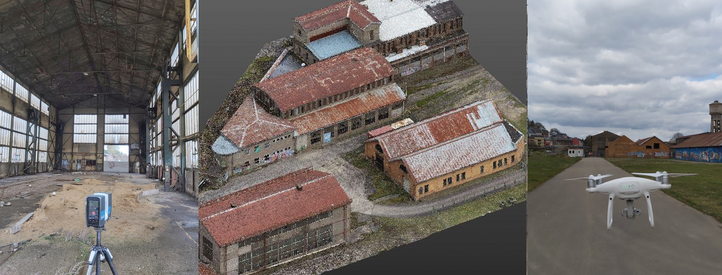 Levé haute densité d'anciens halls industriels à Dudelange par laser scanner et par photogrammétrie aérienne BEST GO S.à R.L. BUREAU DE GéOMèTRES OFFICIELS